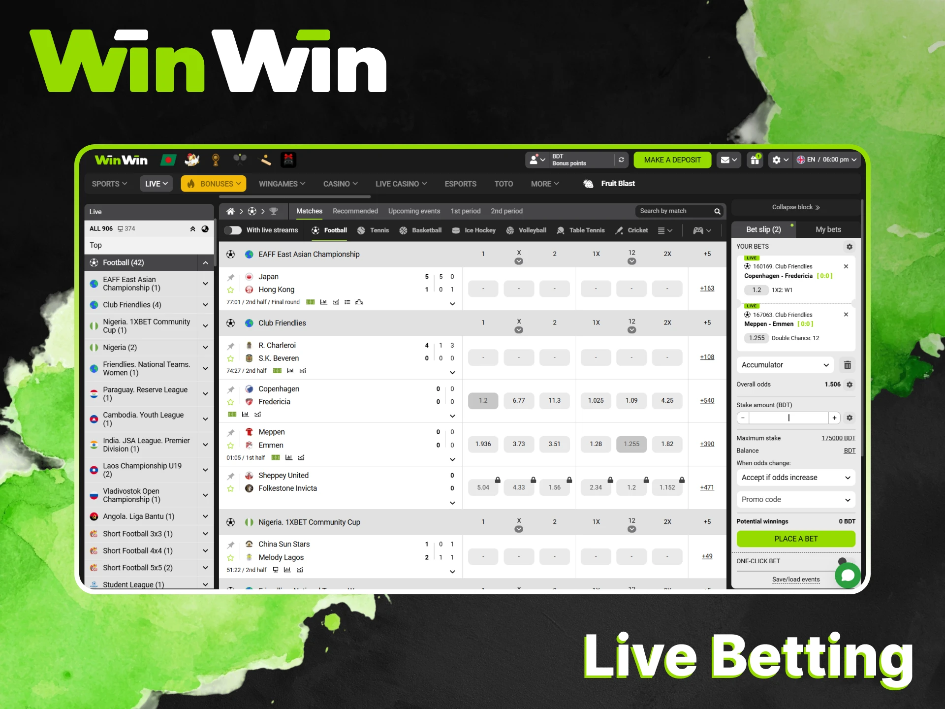Live betting option is available on the WinWin platform.