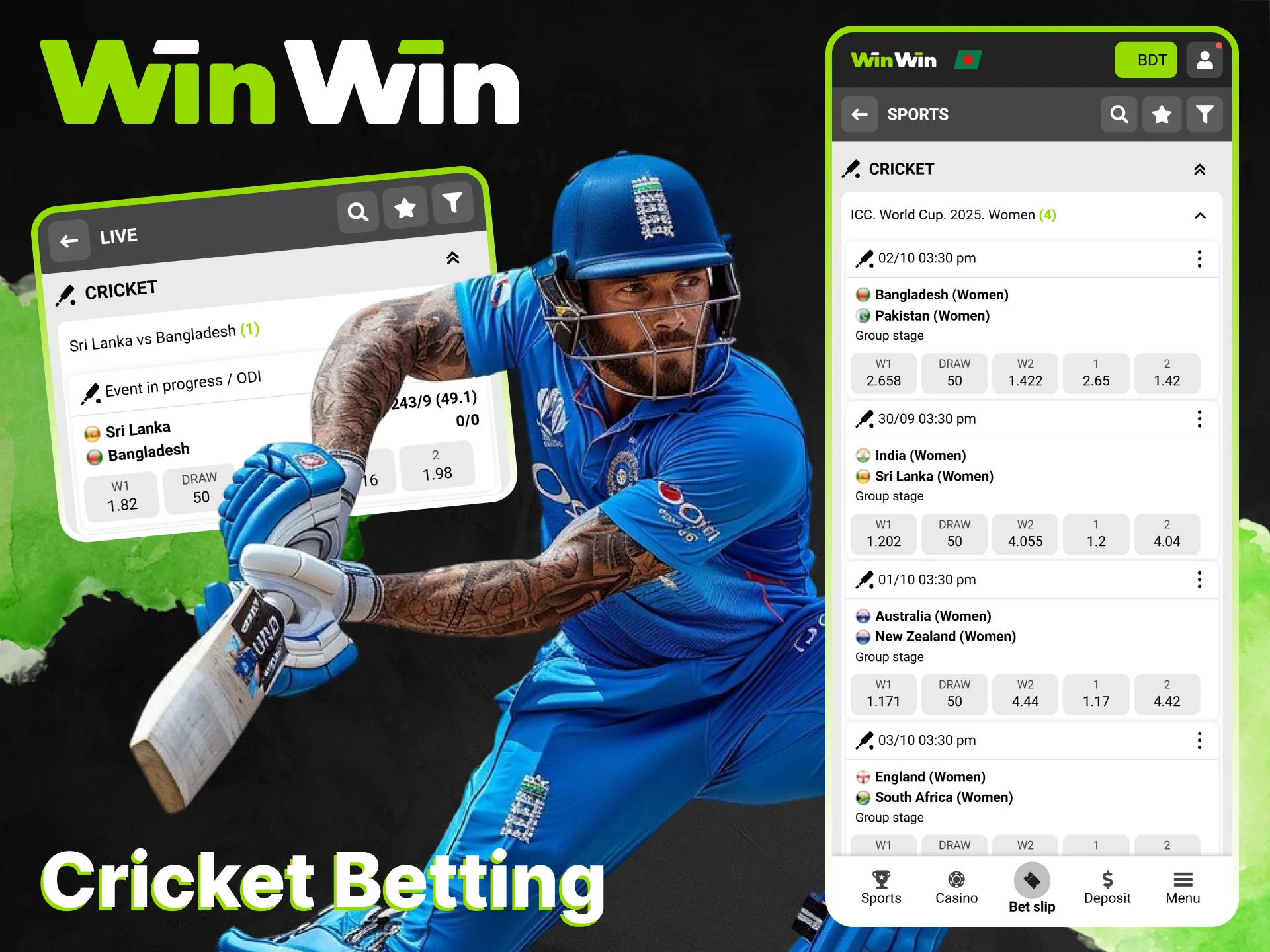 Install the official WinWin app to bet on cricket.