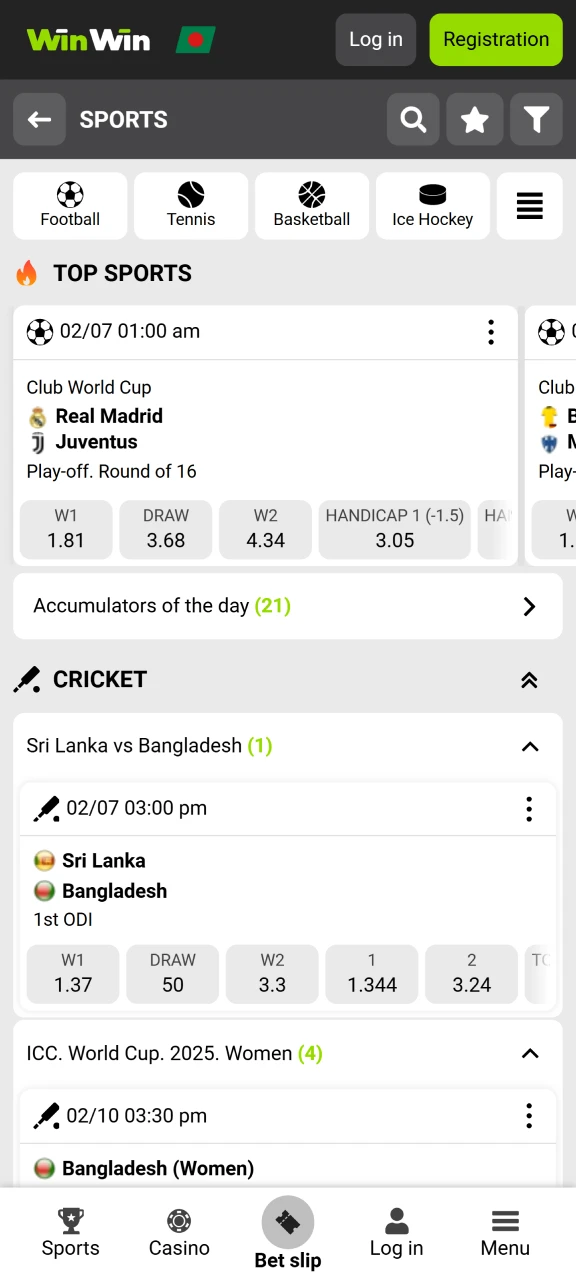 Select the sport to bet on in the WinWin app.