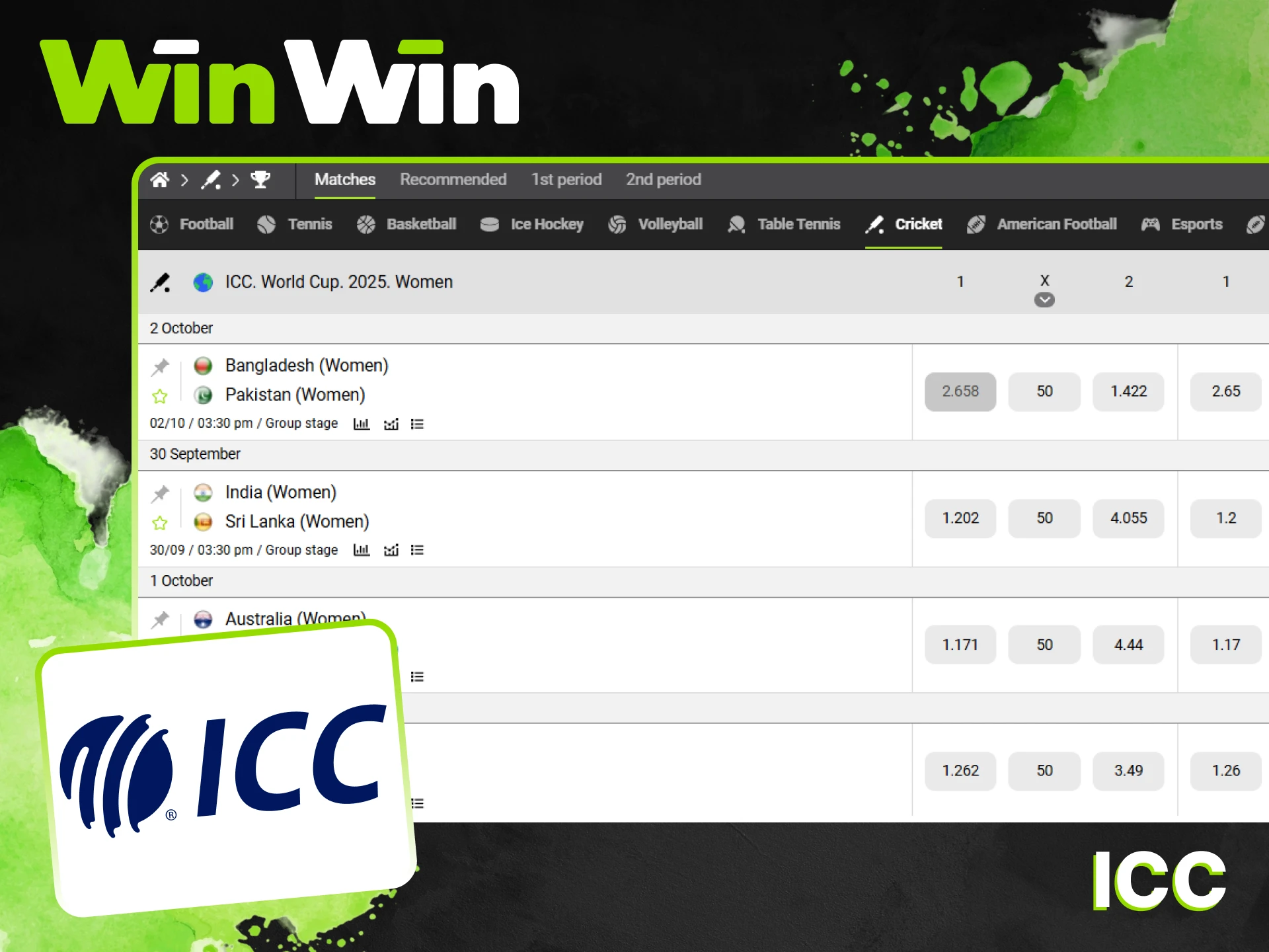 Make your ICC bets on the WinWin website.