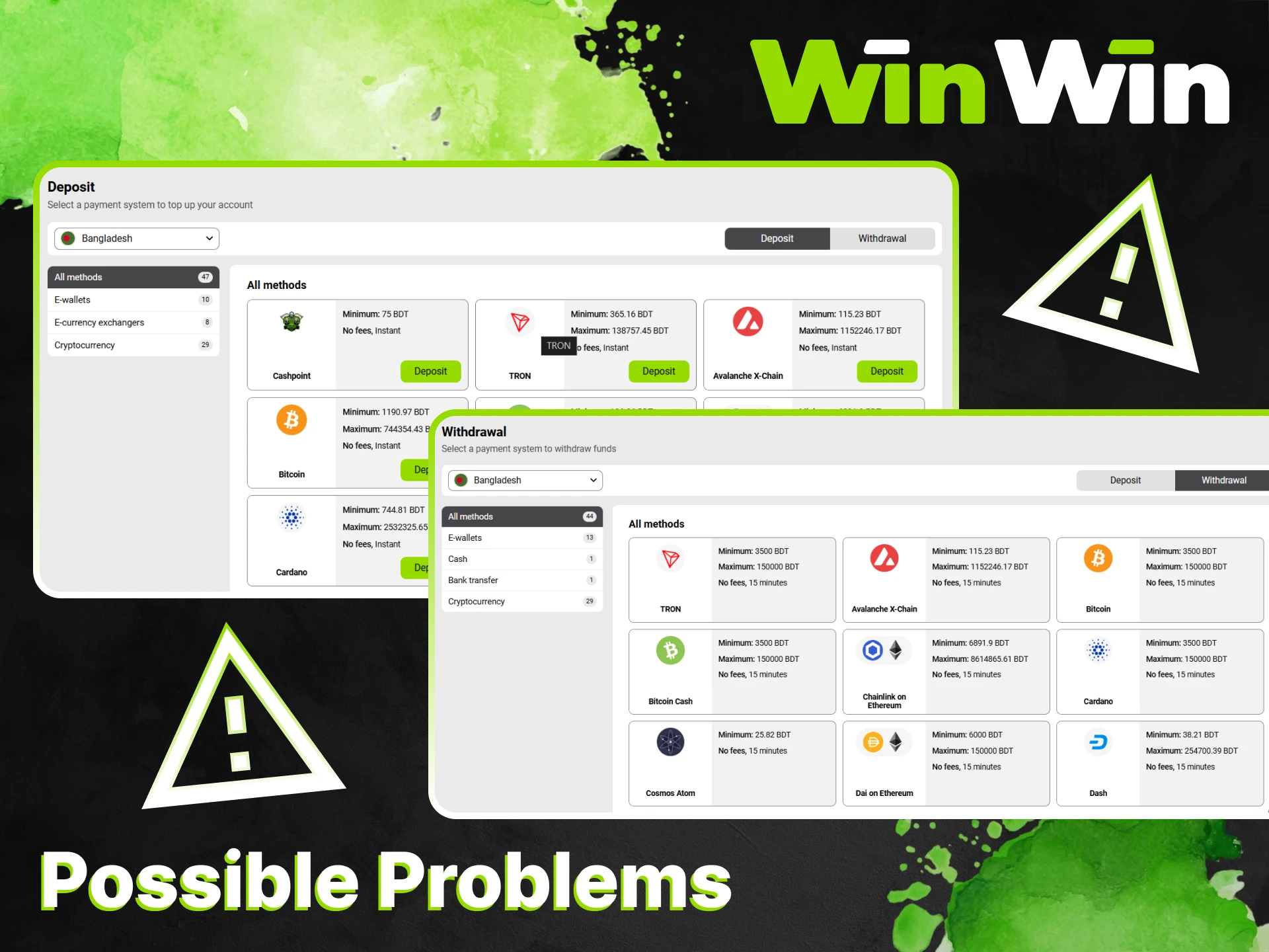 Familiarize yourself with possible payment problems that may occur on the WinWin website.