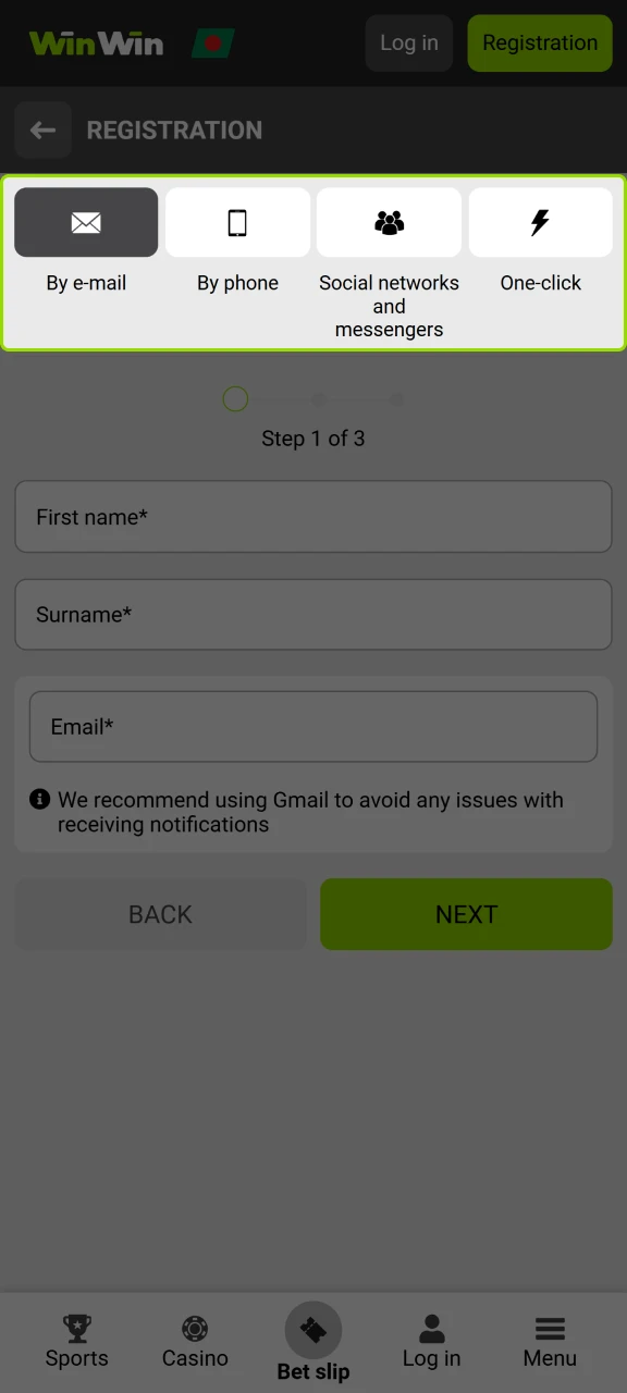 Select your preferred registration method to create a WinWin account.