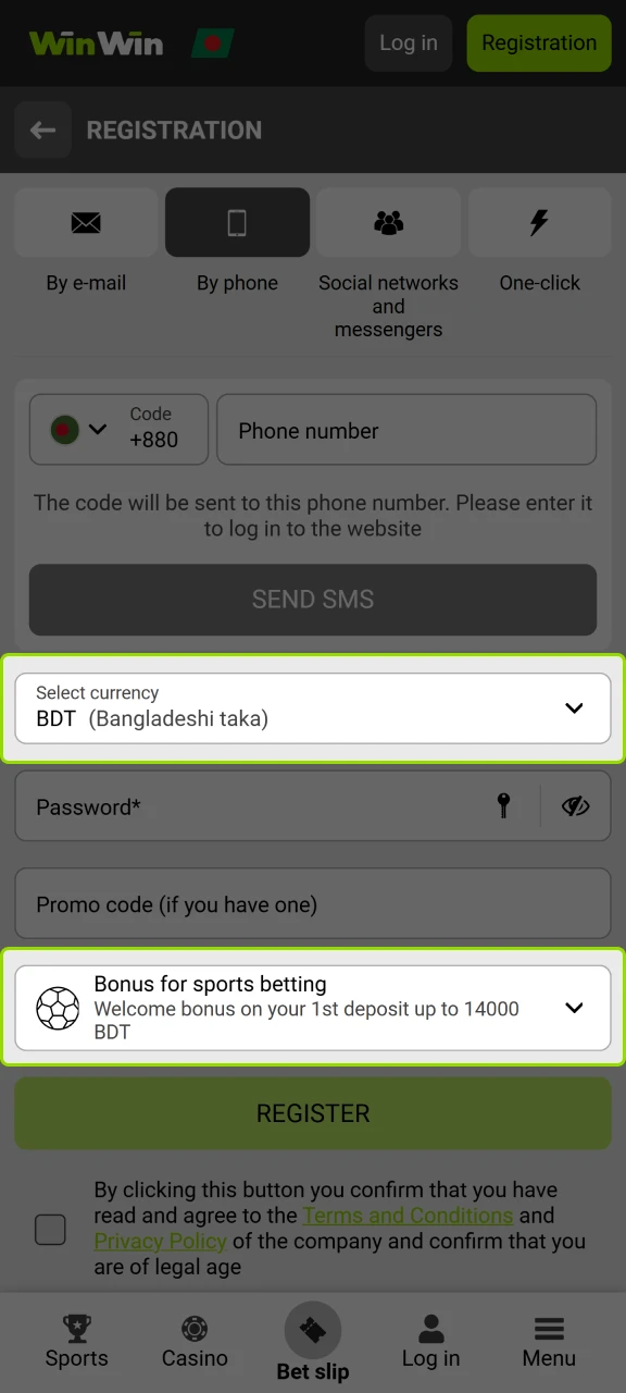 Choose your currency and bonus and continue your registration at WinWin.