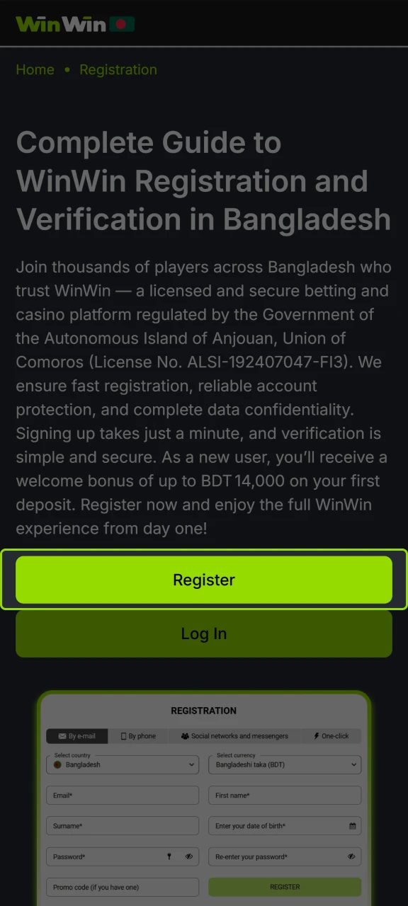 Find the Register button to sign up for WinWin.